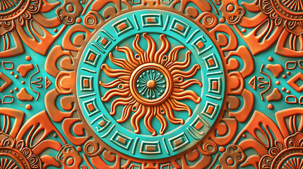 Intricate Aztec Sun Stone Replica with Vibrant Turquoise and Orange Detailing