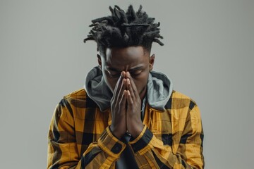 Young african american man praying with hands together, casual clothes, hope expression on face