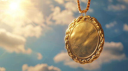 close-up of a gold medal against a blue sky, space for text, Olympic gold medal