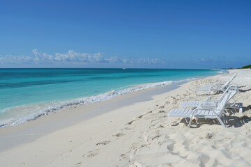 Obraz premium Bay Beach - A Pristine White Sand Beachfront with Lounge Chairs