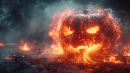 This Halloween concept consists of a scary pumpkin with a glowing face in smoke and neon lights, dark, copyspace