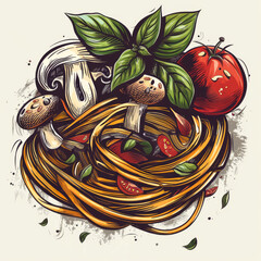 Noodles doodle set, spaghetti drawing, tomato, mushrooms and basil. Abstract freehand picture