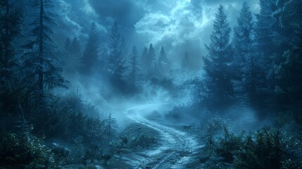 In the dark of an autumn forest, a path is illuminated by a fog at night. A shows this path...