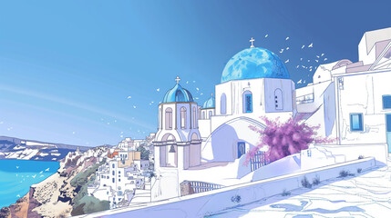 Obraz premium Majestic Blue Domes of a Greek Orthodox Church Under a Clear Sky