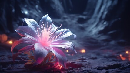 A neon flower flickering in the artificial dusk, its electric colors blending seamlessly with the digital surroundings