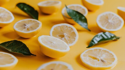 Juicy ripe yellow lemons with green leaves floating in the air on colorful background