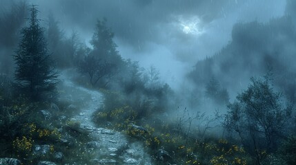 An autumn fog path in a dark forest at night.