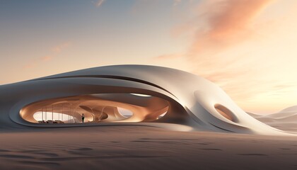 Soft, flowing sand dunes with a sleek, modern podium centered under the gentle light of a setting sun