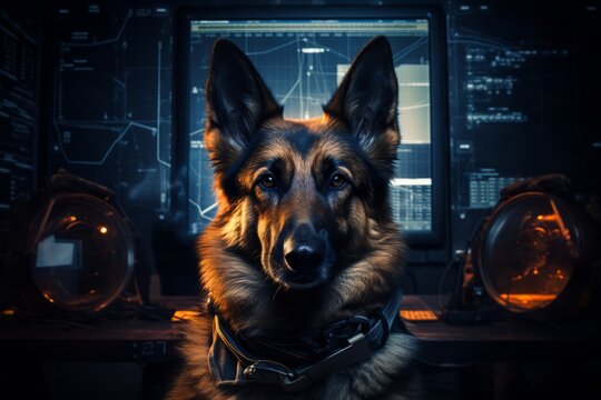 German Shepherd Dog developer security. German Shepherd Dog programmer on schemed background. Horizontal banking poster for web. Photo AI Generated