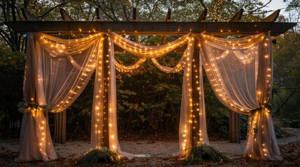 A white gazebo with lights draped over it