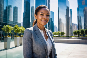 smiling multiracial businesswoman professional looking sidewards, standing in business plaza...