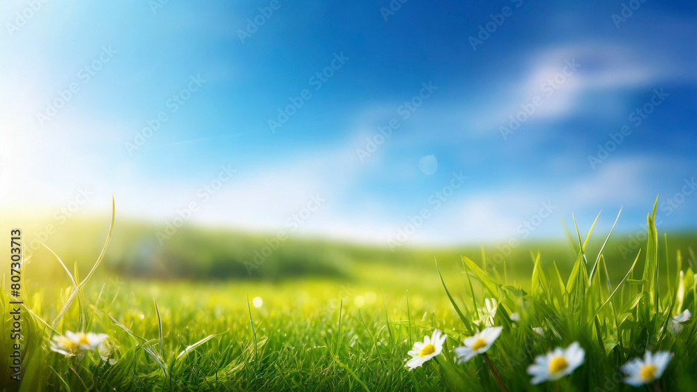 Canvas Prints Green grass and daisies with blue sky in the background.  Nature background. Copy space.