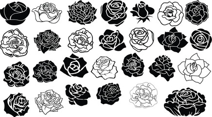 Set of vector black silhouettes of rose flowers isolated on a white background.Rose SVG Cut Files | Rose Silhouette | Flower Svg | Floral Svg | Valentine Rose Svg | Vintage Rose Svg | Rose buds Bundle