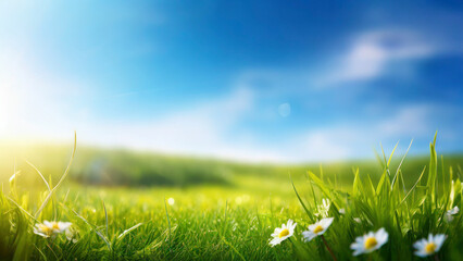 Green grass and daisies with blue sky in the background.  Nature background. Copy space.