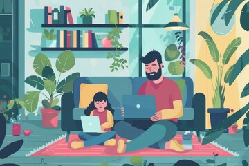 Stay-at-Home Father and Child: Working Together Through Quarantine in Domestic Living Room