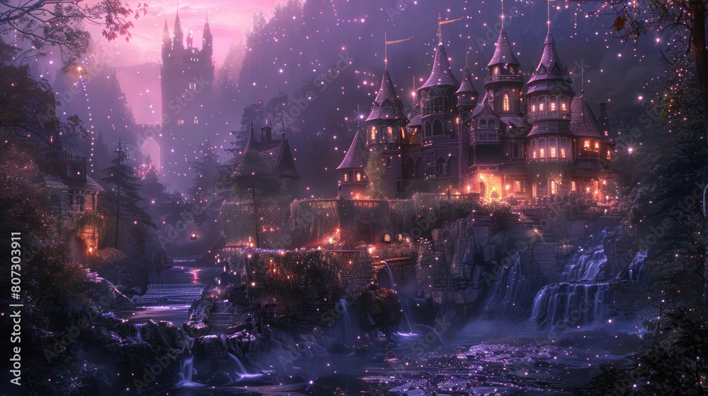 Poster a fantasy scene with a castle and a river. the castle is lit up with lights and the river is flowing