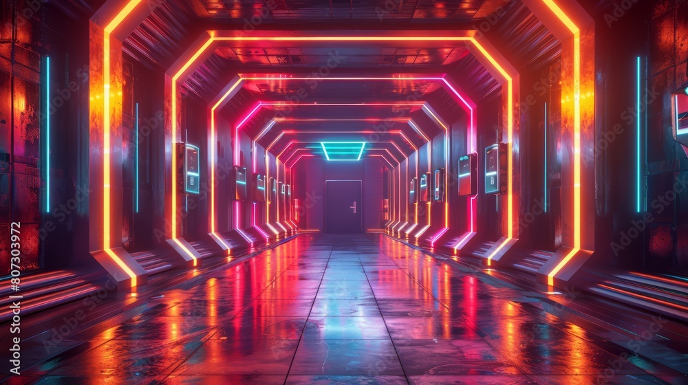 Poster a neon tunnel with neon lights and a neon sign. the tunnel is long and narrow. the neon lights are b