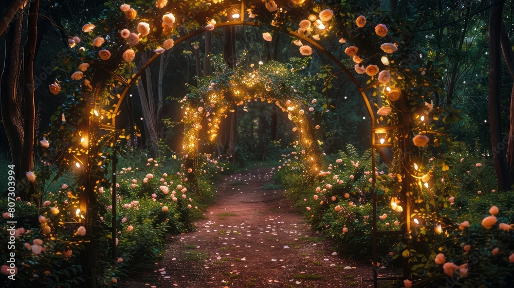 Poster a walkway with a bridge over it is lit up with lights. the walkway is surrounded by flowers and tree