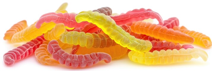 Sour Gummy Worms Falling in Macro View Isolated on a White Background - Delicious Chewy Candy