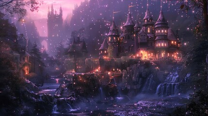 A fantasy scene with a castle and a river. The castle is lit up with lights and the river is flowing
