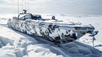 Snow Boat Wrap in Vinyl Graphic. Camouflaged Ship Enclosed in Snow. Isolated on White