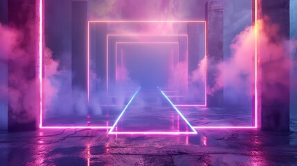 A neon lighted tunnel with a purple and pink smoke effect. The tunnel is lit up with neon lights and the smoke effect gives it a futuristic and mysterious feel