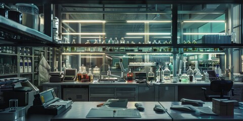 Fototapeta premium An immaculately organized lab featuring modern scientific instruments, glassware, and a well-lit work space