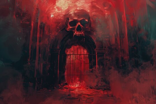 Sinful Gate to Hell - An Illustration of Death's Doorway with Skull, Smoke, and Flames 