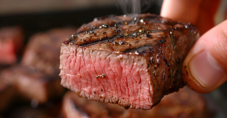 close up of a juicy medium rare beef steak cut up between two fingers