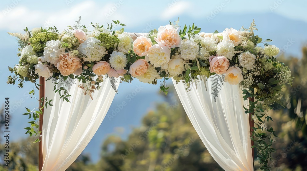 Poster a white archway with flowers and greenery is set up in front of a mountain. the archway is decorated