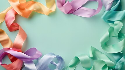 A detailed HD image of colorful rainbow ribbons gracefully draped across the top of a pastel mint green background, providing vibrant copy space
