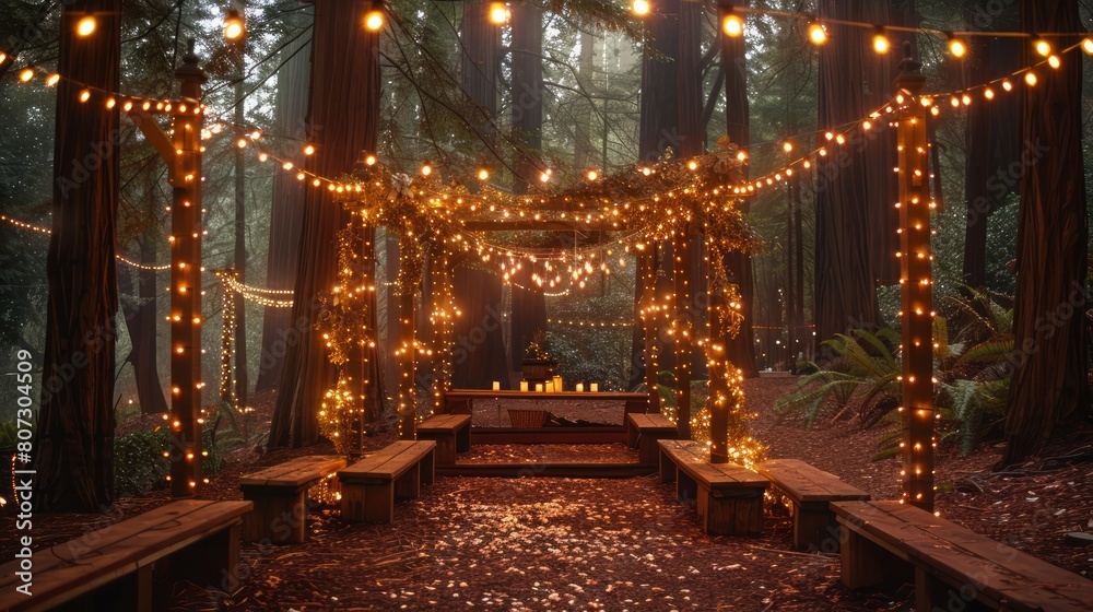 Poster A forest path is lit up with lights and has benches along the way. Scene is warm and inviting, with the lights creating a cozy atmosphere