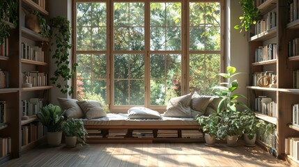 A room with a large window and a bench with a pillow and a plant. The room is filled with books and has a cozy, inviting atmosphere