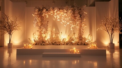 A white room with a white archway and white flowers. The archway is lit up and the flowers are lit up as well