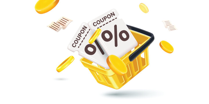 Coupon up to 50% off black rips floating in air with coin. all on  blue background.gift voucher 50% discount on shopping.summer offer ends weekend holiday.Big sale and super sale coupon code discount