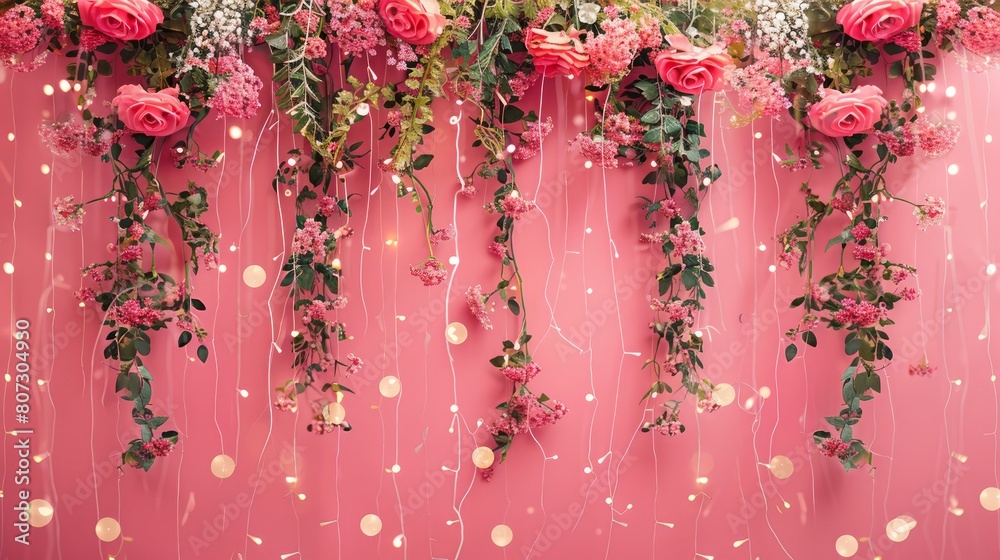 Poster pink flowers are hanging from the ceiling, creating a romantic and elegant atmosphere. the flowers a