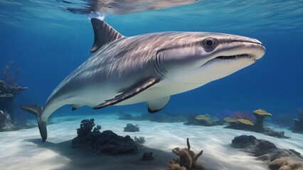 Obraz premium Shark Swimming Scouting And Hunting For Food In Its Natural Habitat Underwater Photography Style 300 PPI High Resolution Image