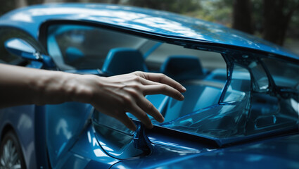 The image shows a person's hand touching the surface of a blue car.

