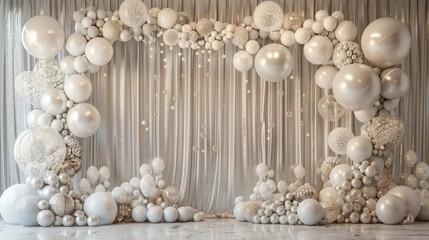 A white backdrop with a white archway and white balloons. The balloons are scattered throughout the archway and the backdrop, creating a whimsical and playful atmosphere. Scene is lighthearted and fun