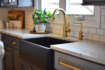 Remodeled Modern Farmhouse Kitchen with Stunning Gold Faucet and Black Apron Sink, White Granite