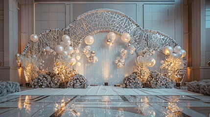 A large white room with a white archway and a white wall. The room is very elegant and sophisticated