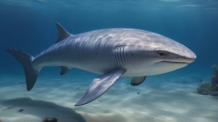 Naklejka premium Shark Swimming Scouting And Hunting For Food In Its Natural Habitat Underwater Photography Style 300 PPI High Resolution Image