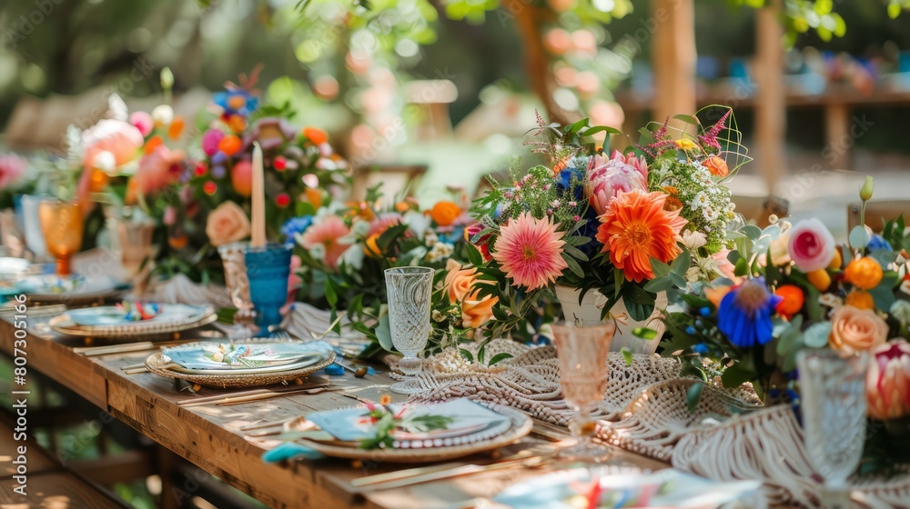 Poster a table is set with a variety of colorful flowers and glasses. the table is set for a special occasi
