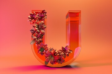 3D Render Letter U with Engraved Flowers on Orange Background