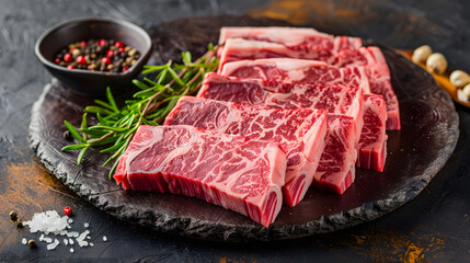 close up of fatty raw wagyu/kobe steak meat with herb garnish on a black stone plate