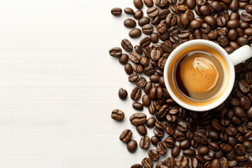 Obraz premium A white cup filled with coffee, placed amidst a pile of coffee beans
