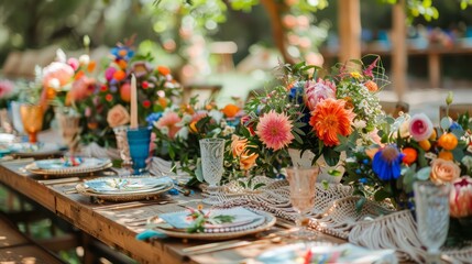 A table is set with a variety of colorful flowers and glasses. The table is set for a special occasion, and the flowers and glasses create a festive and inviting atmosphere