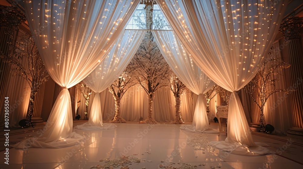 Poster a large room with white curtains and trees in the background. the room is lit up and has a warm, inv