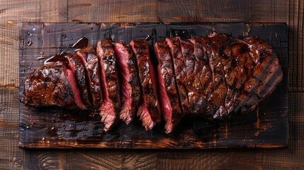 Savory Sliced Tri Tip on Dark Wooden Background. Top View of Tender Grilled Sirloin Steak, Perfect