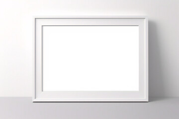 Marco vertical rectangular ligero y delgado colgado en una pared con textura blanca, plano, vista superior, ilustración 3D.